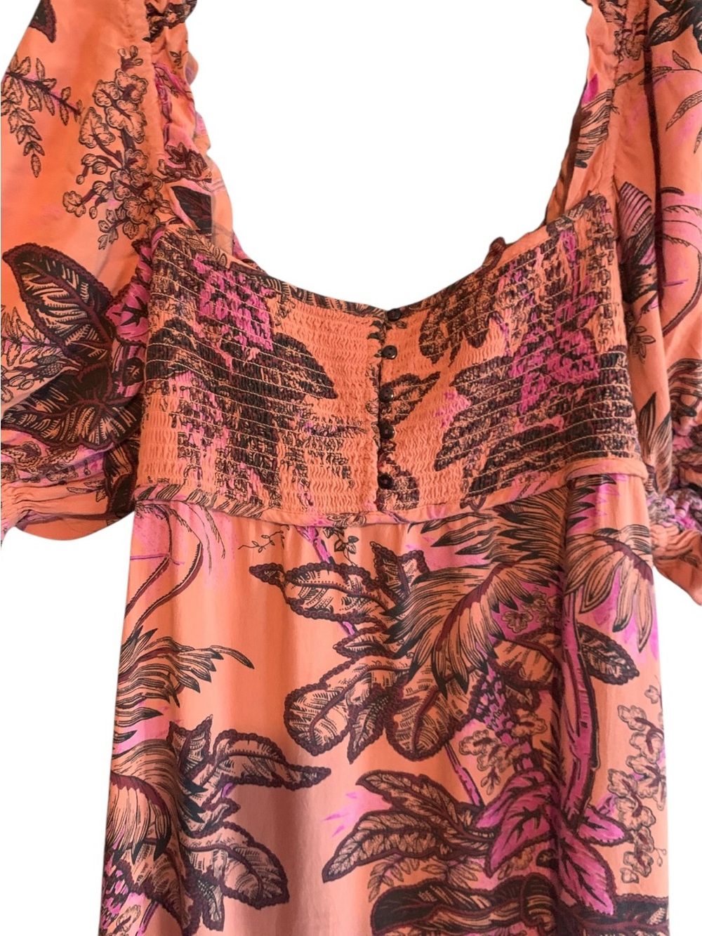 Anthropologie Peach Coral Plum Tropical Bird Maxi Dress Natural Life Boho - Picture 6 of 11